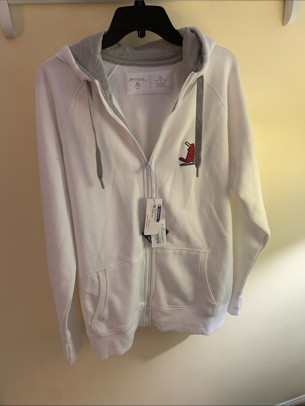 Antigua White Full-Zip Hoodie with Gray Hood Lining and Cardinal Patch